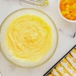 prepared pudding in a glass bowl.