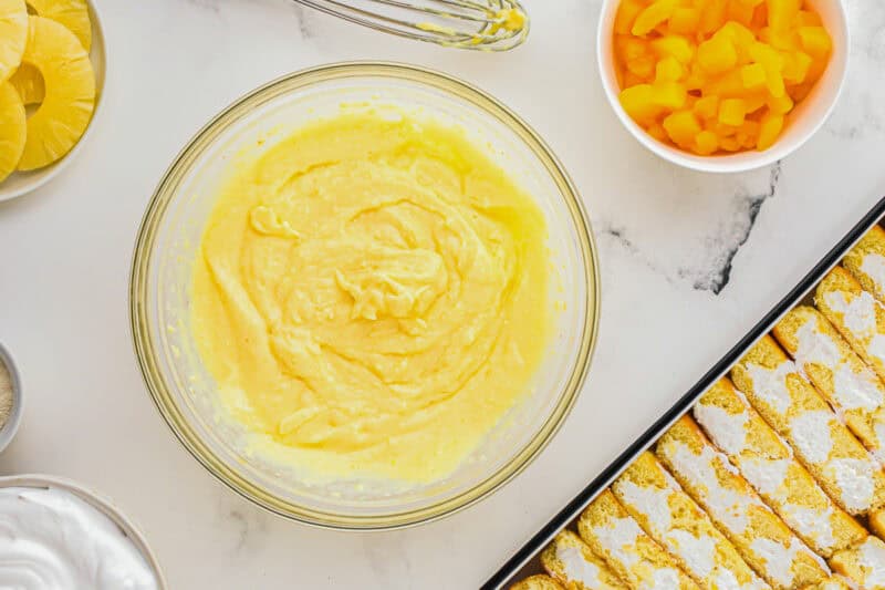 prepared pudding in a glass bowl.