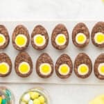 egg-shaped brownies filled with a white and yellow egg yolk center.