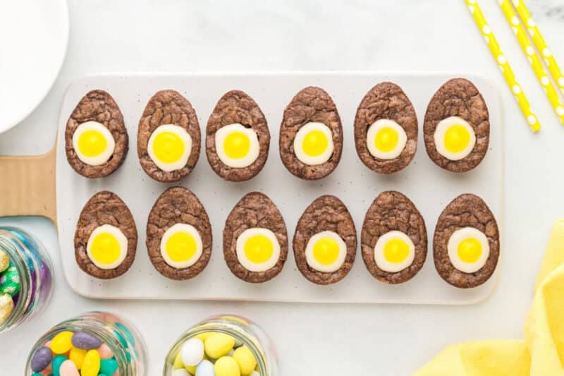 egg-shaped brownies filled with a white and yellow egg yolk center.