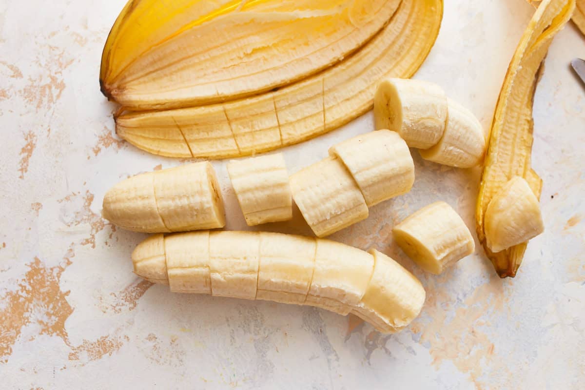 Two bananas chopped into pieces.