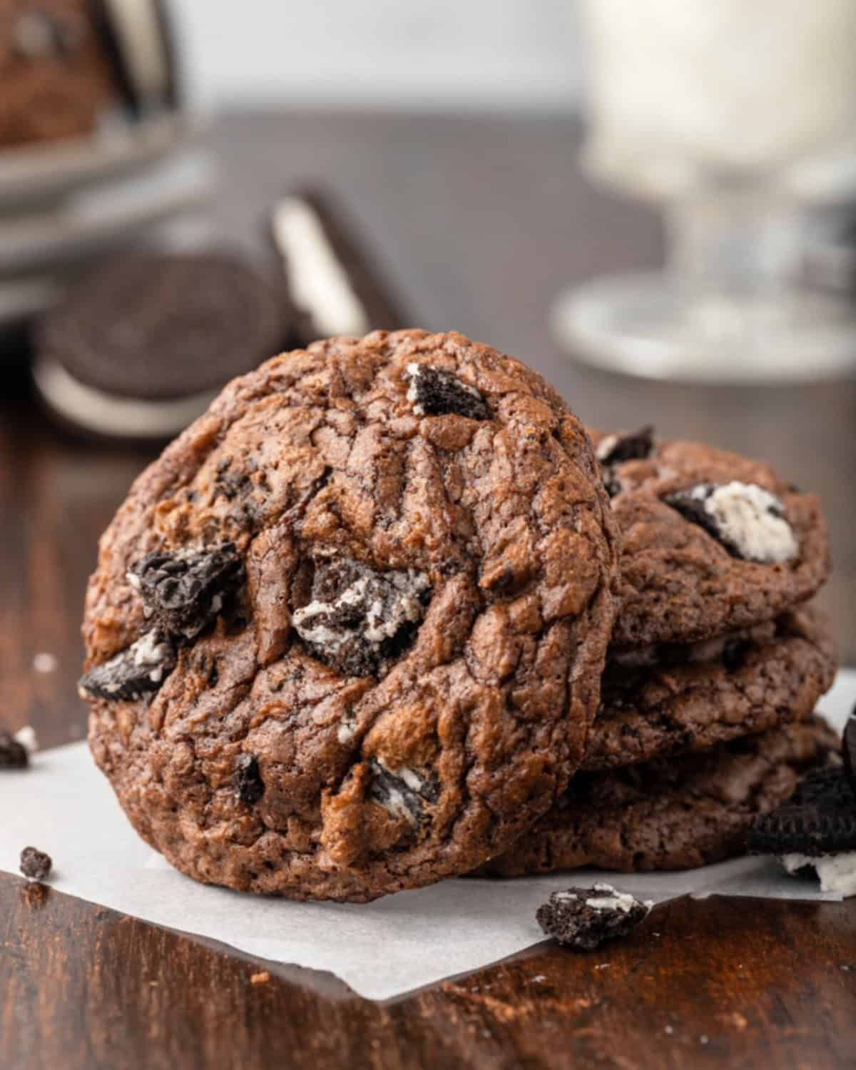 Oreo brownie mix cookies stacked on top of each other.