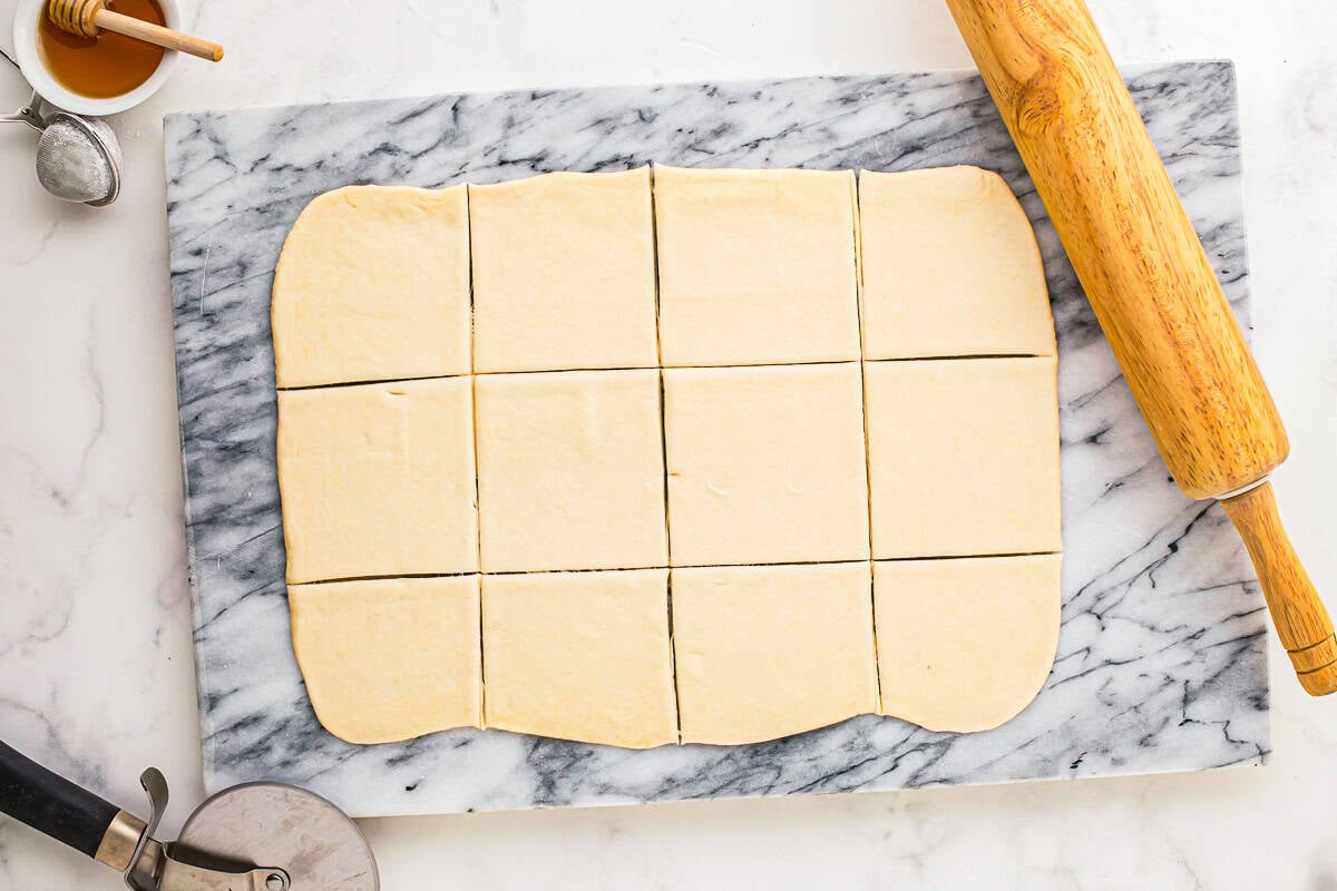 Dough cut into squares.