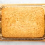 Baked cake in a glass baking dish.