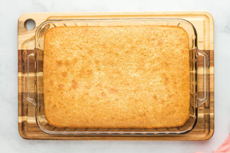 Baked cake in a glass baking dish.