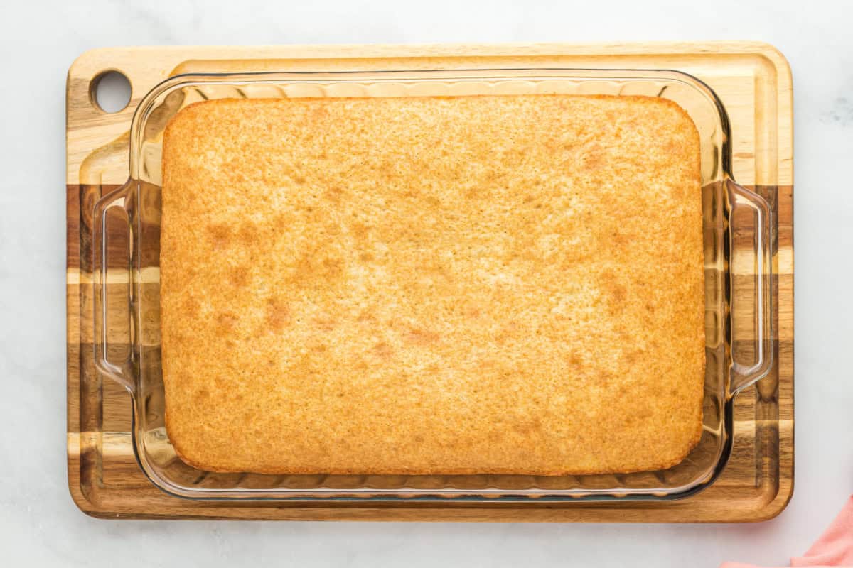 Baked cake in a glass baking dish.