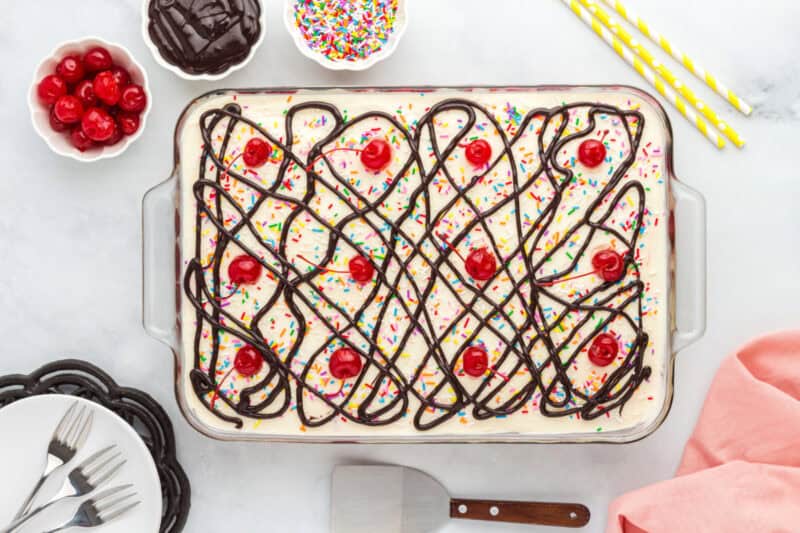 Cake frosted with toppings.