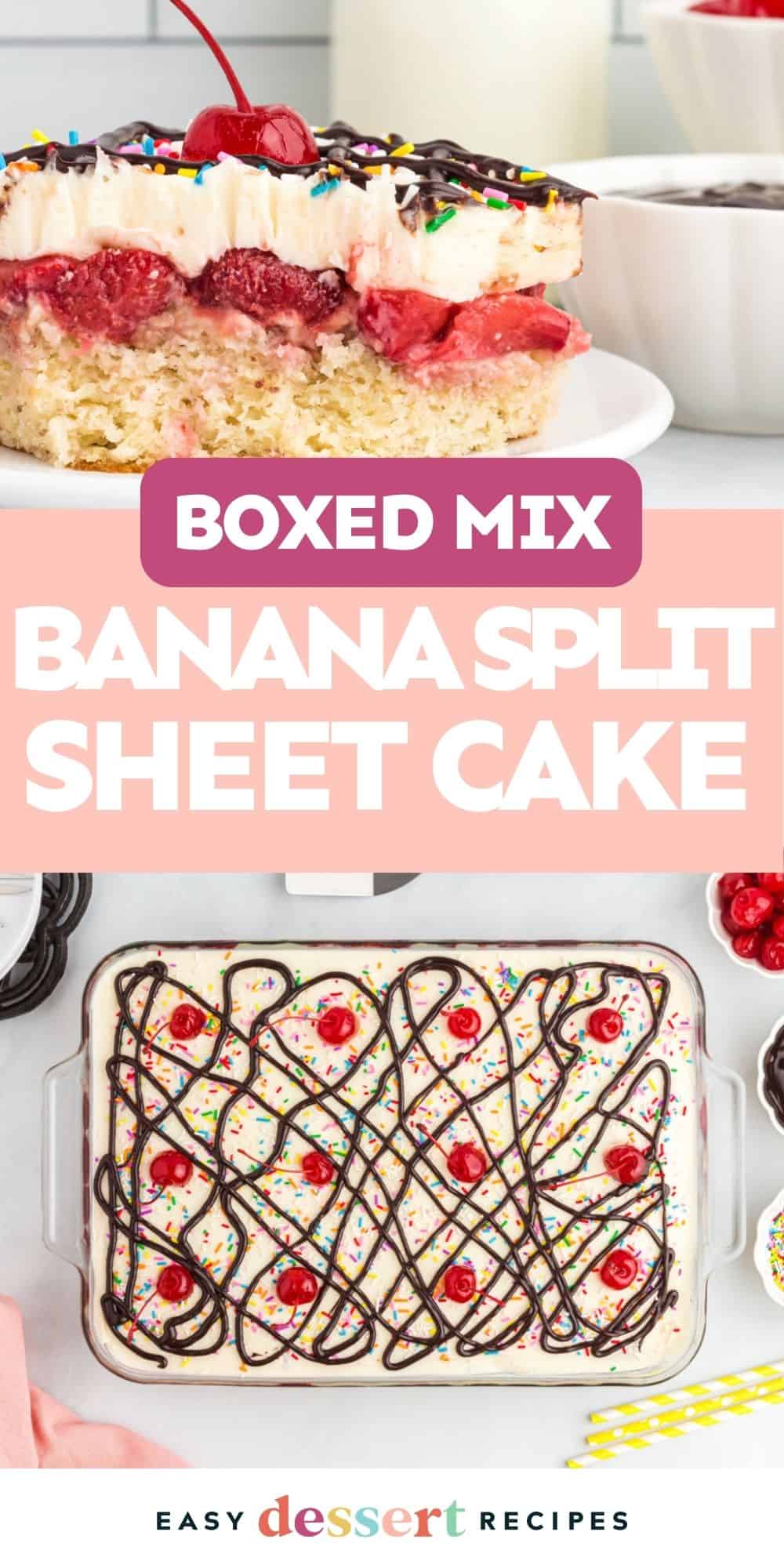 Pinterest graphic. Banana split cake with text overlay.