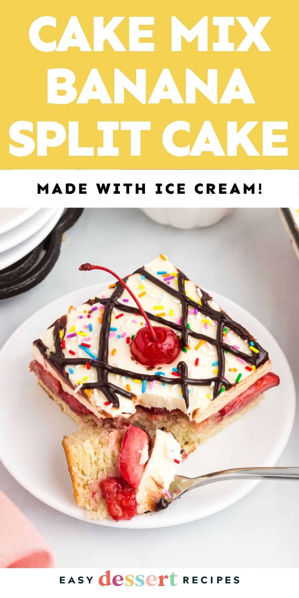Pinterest graphic. Banana split cake with text overlay.