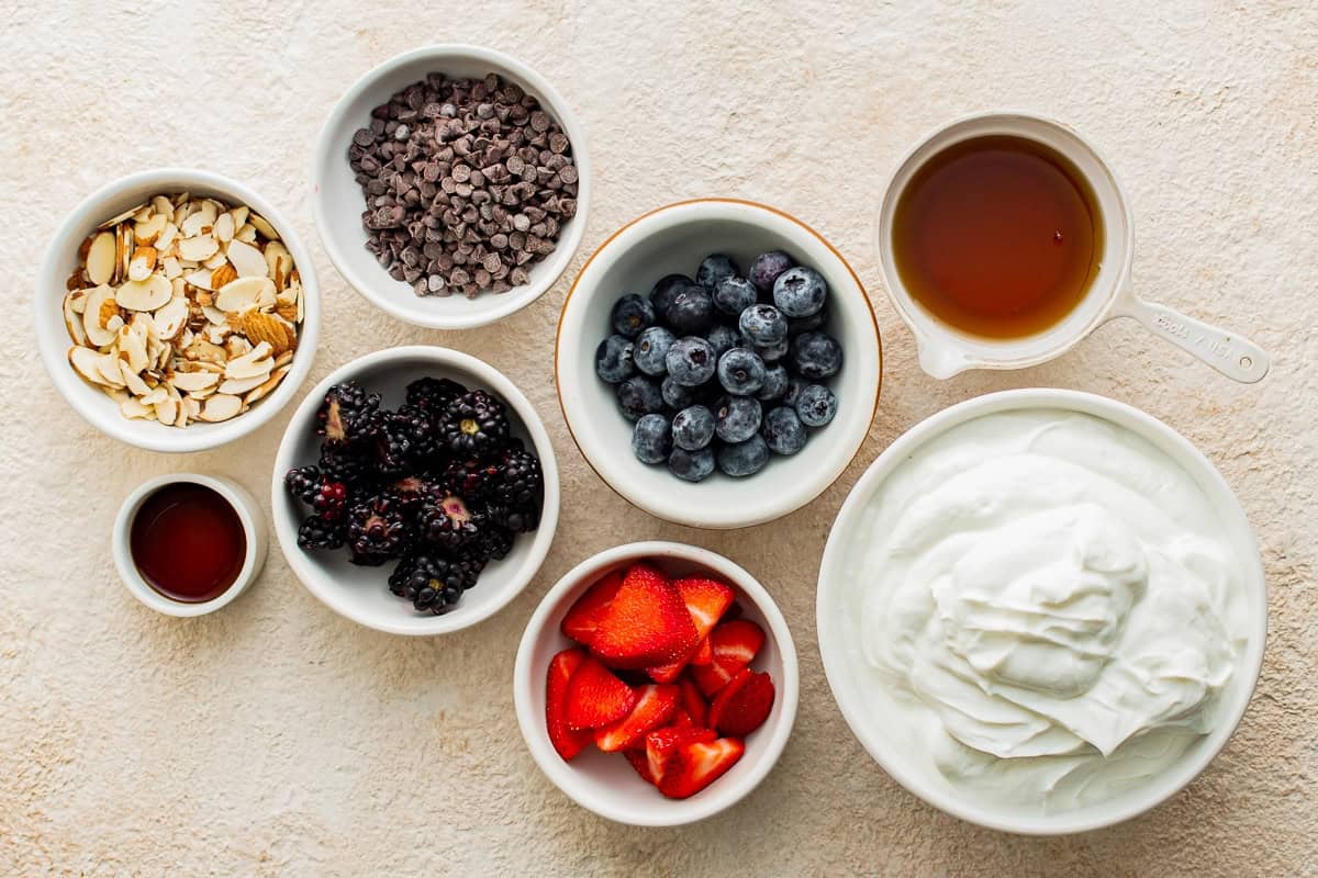 Ingredients needed to make this frozen yogurt bark recipe.