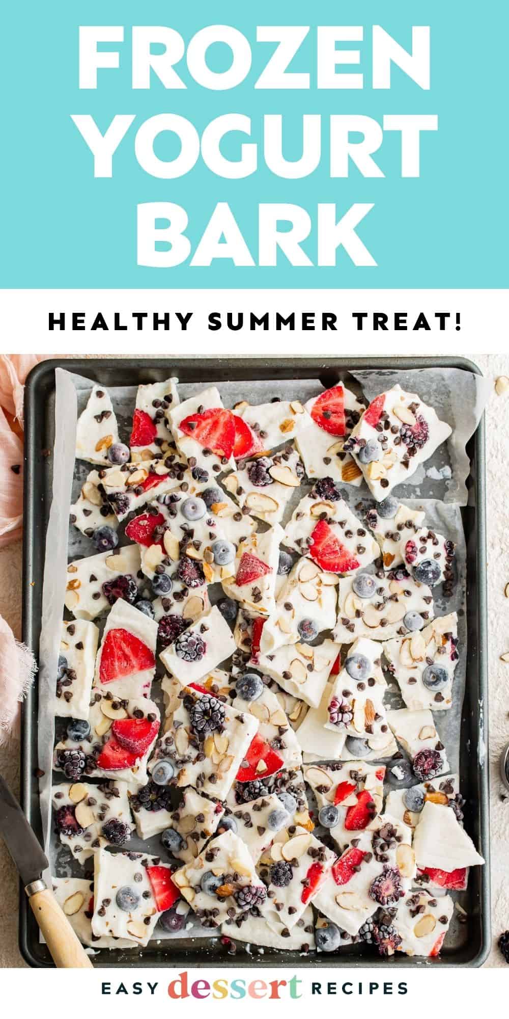 Pinterest graphic. Frozen yogurt bark with text overlay.