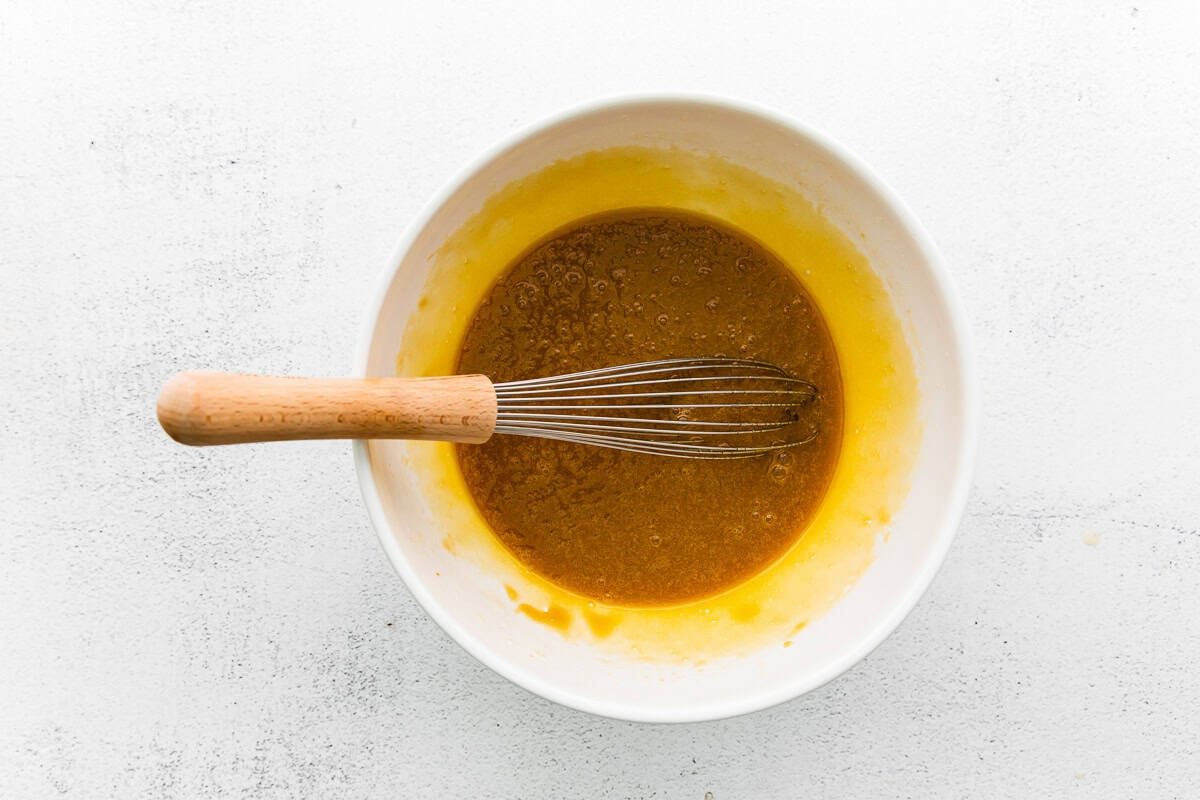 Eggs and vanilla whisked in to butter and sugar.