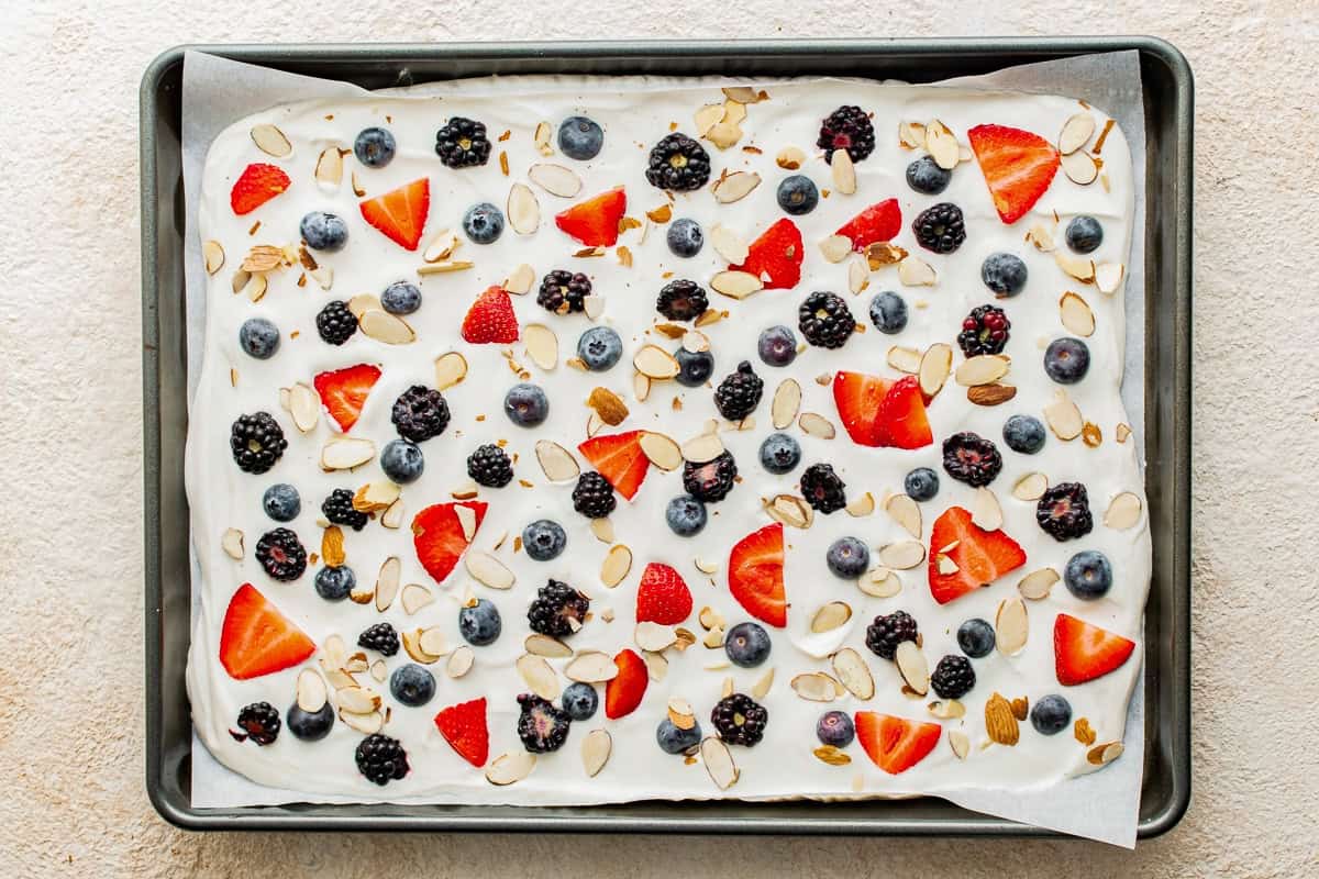 Berries and nuts sprinkled on the yogurt.