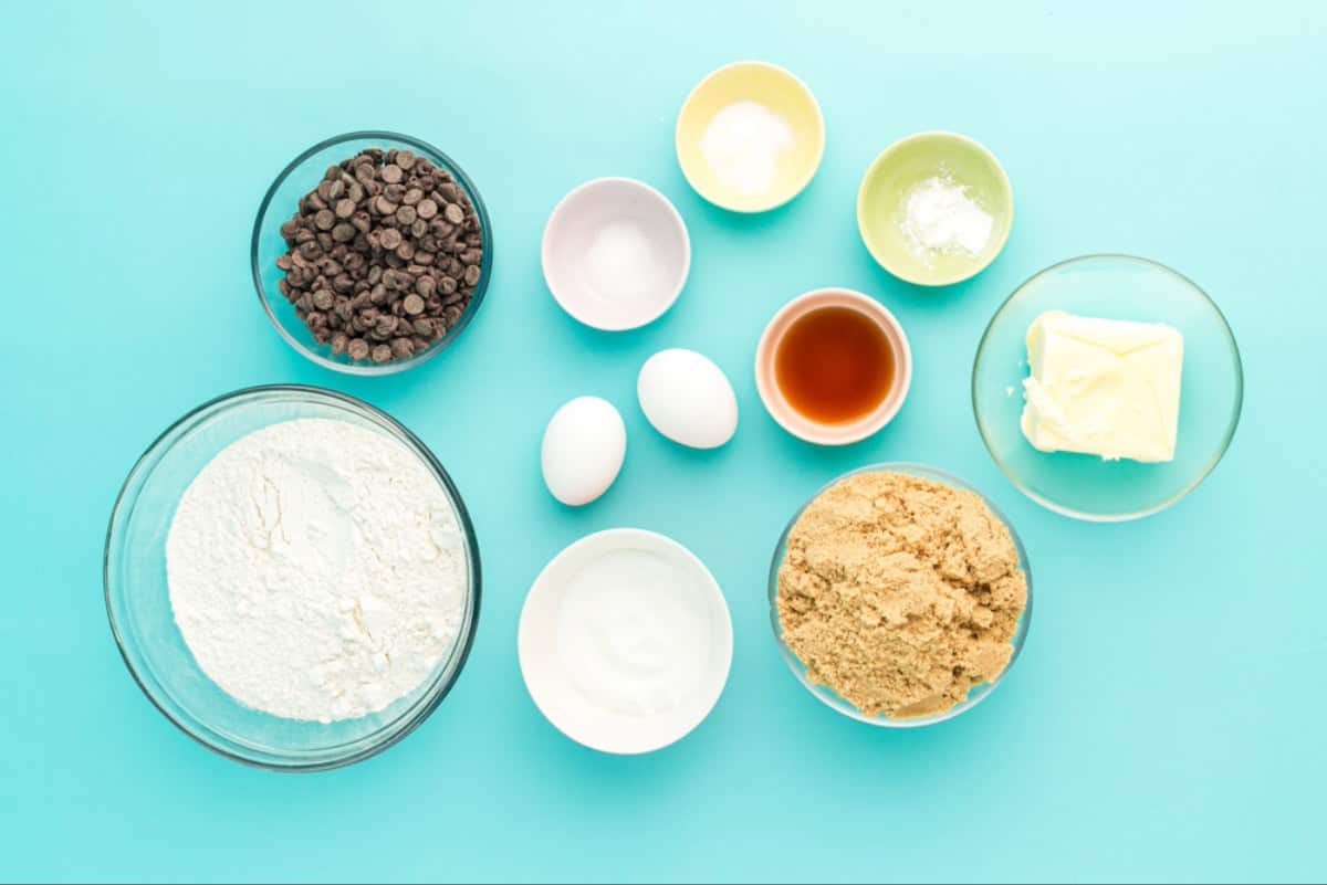 Ingredients for rainbow chocolate chip cookie dough.