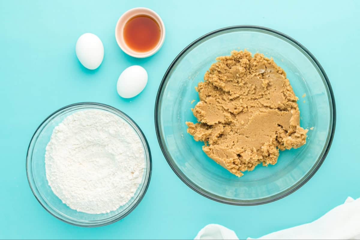 Butter and sugars beaten together.