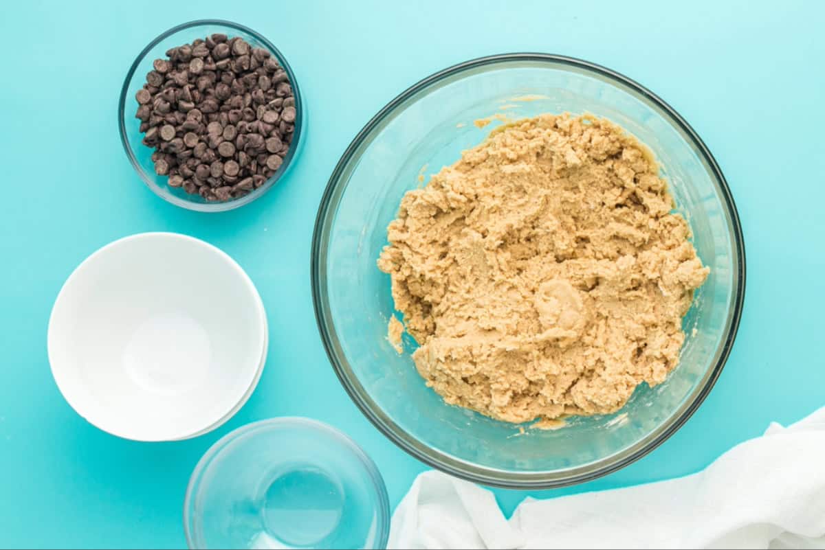 Dry ingredients mixed into wet ingredients.