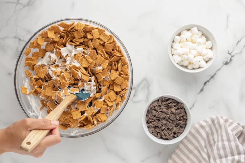 Golden Grahams stirred into the melted marshmallow.