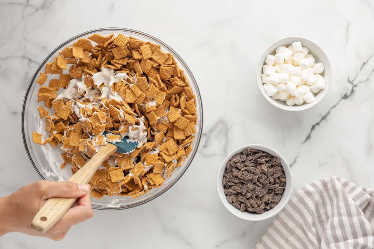 Golden Grahams stirred into the melted marshmallow.