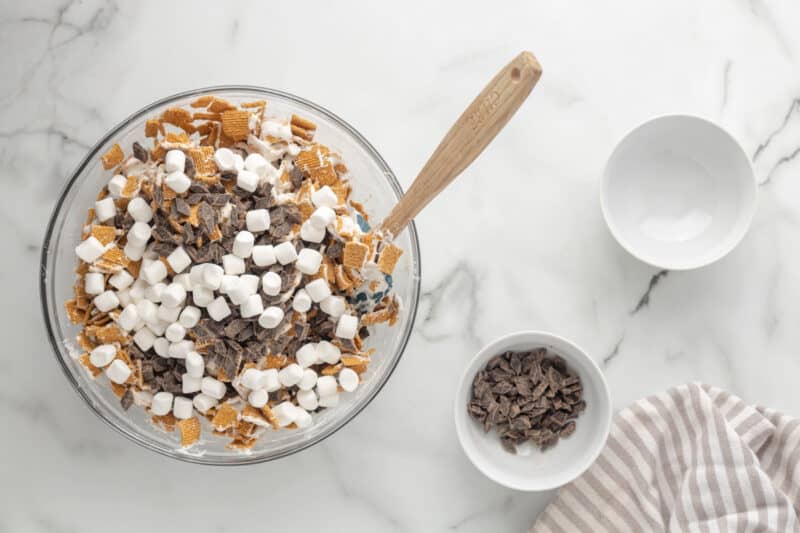 Chocolate chips and marshmallows stirred into the cereal.
