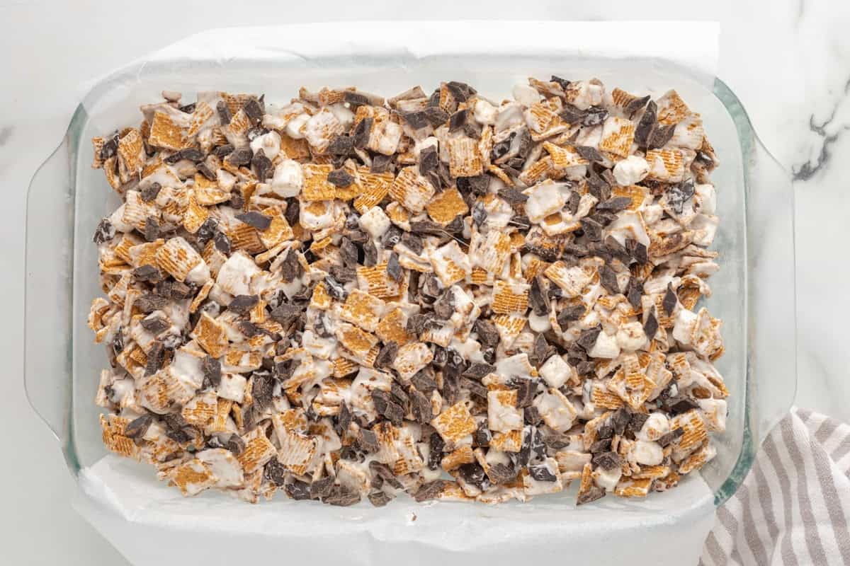 Mixture pressed down into a baking dish.
