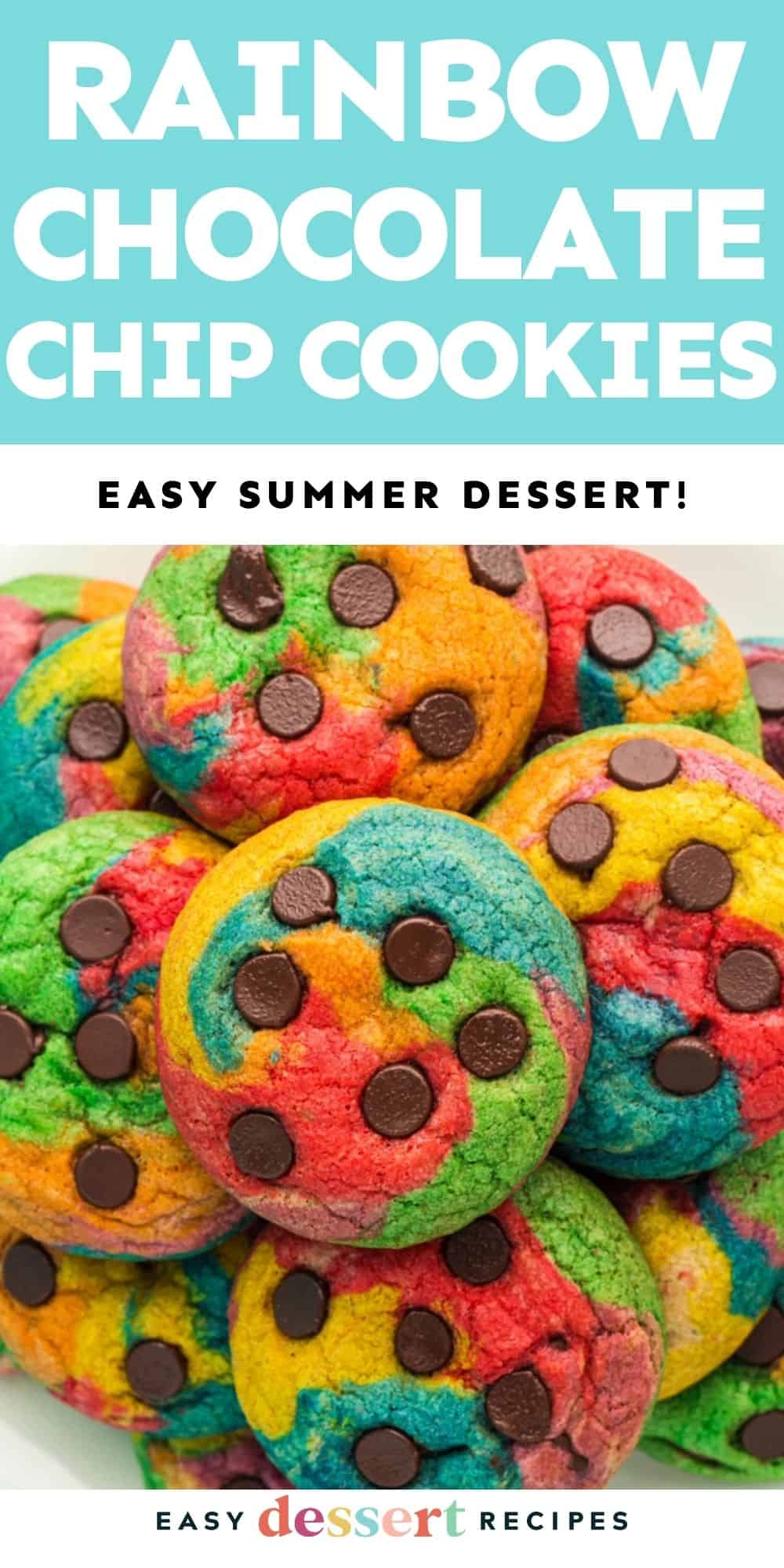 Pinterest graphic. Rainbow Chocolate Chip Cookies with text overlay.