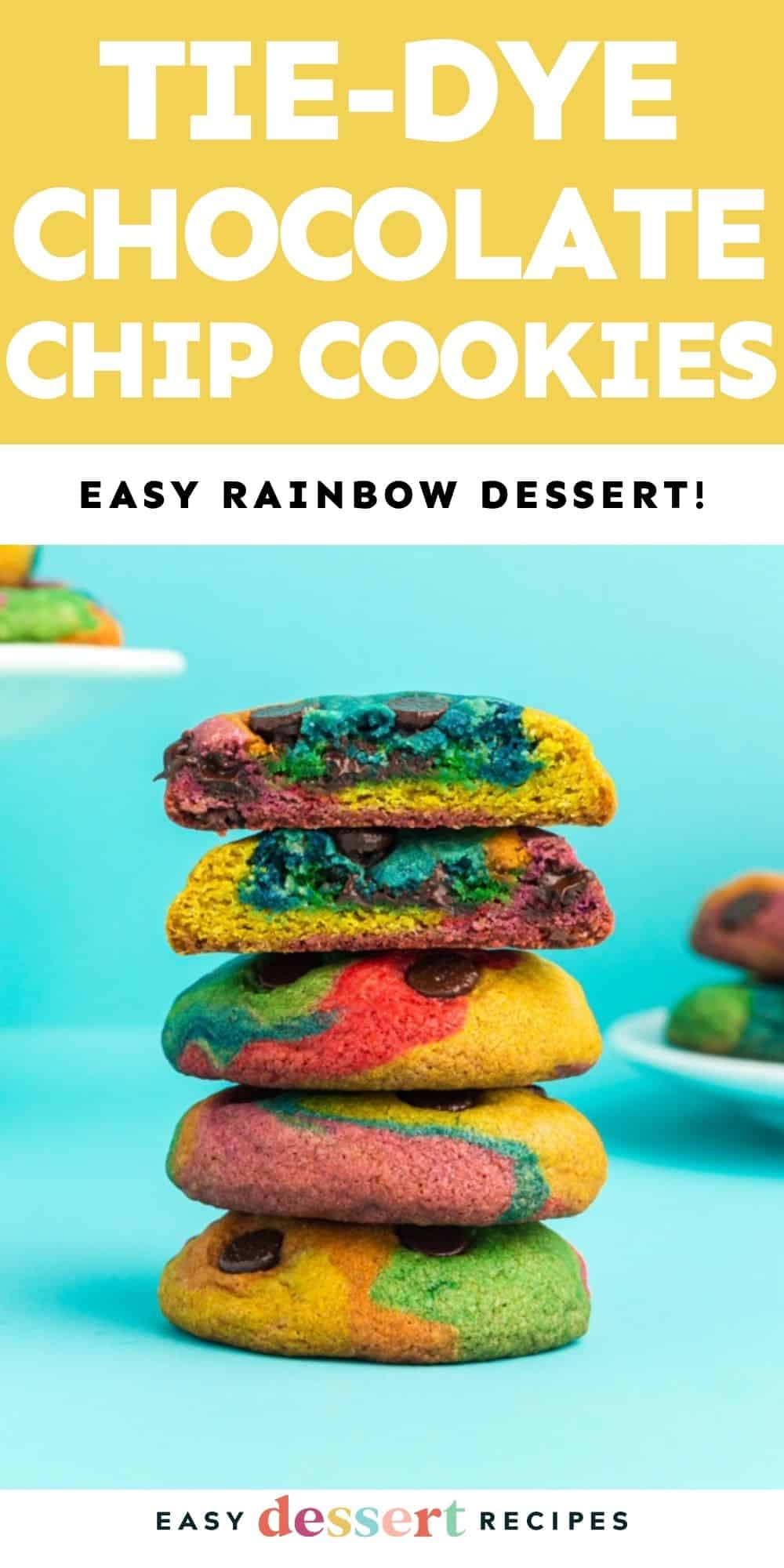 Pinterest graphic. Rainbow Chocolate Chip Cookies with text overlay.
