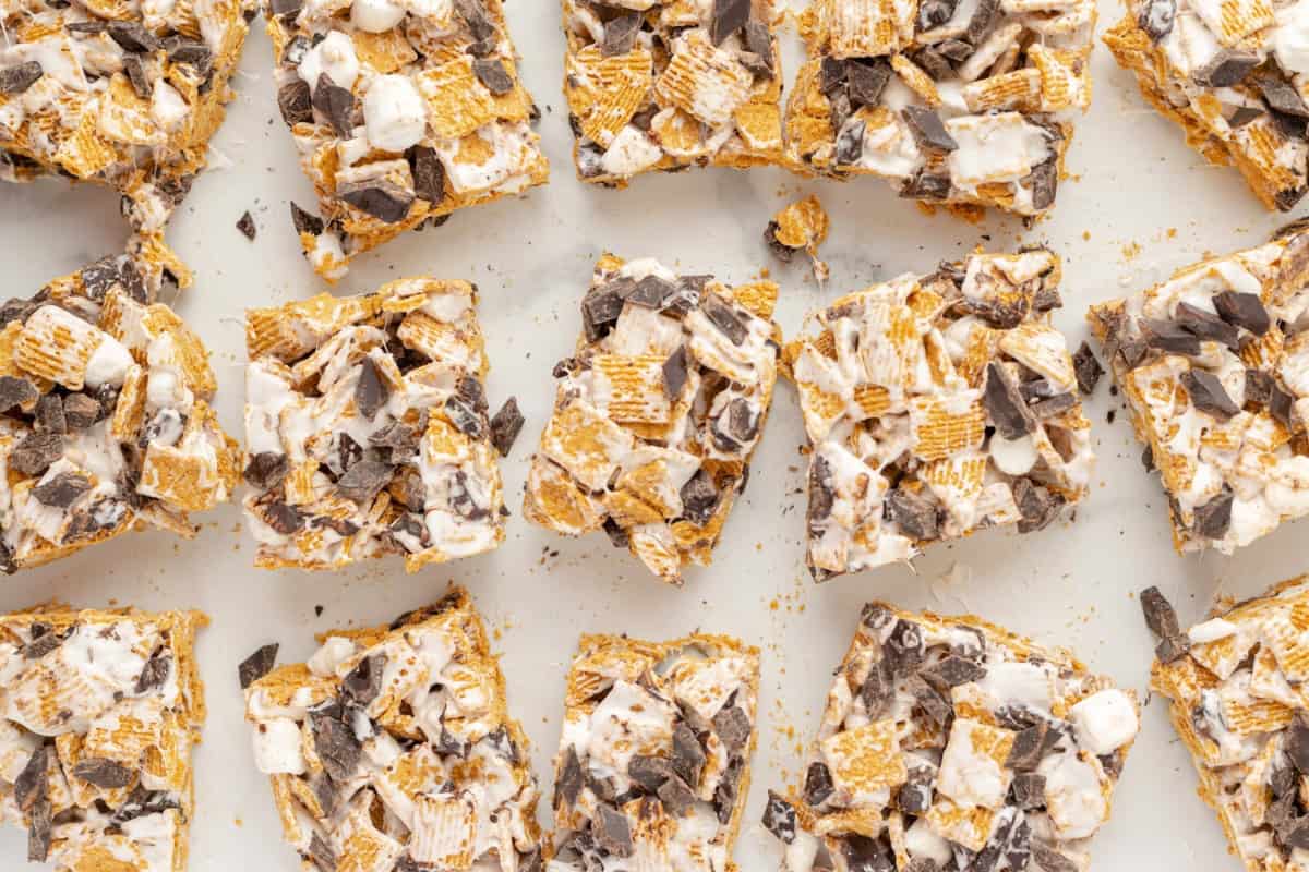 S'mores cereal bars cut into squares.