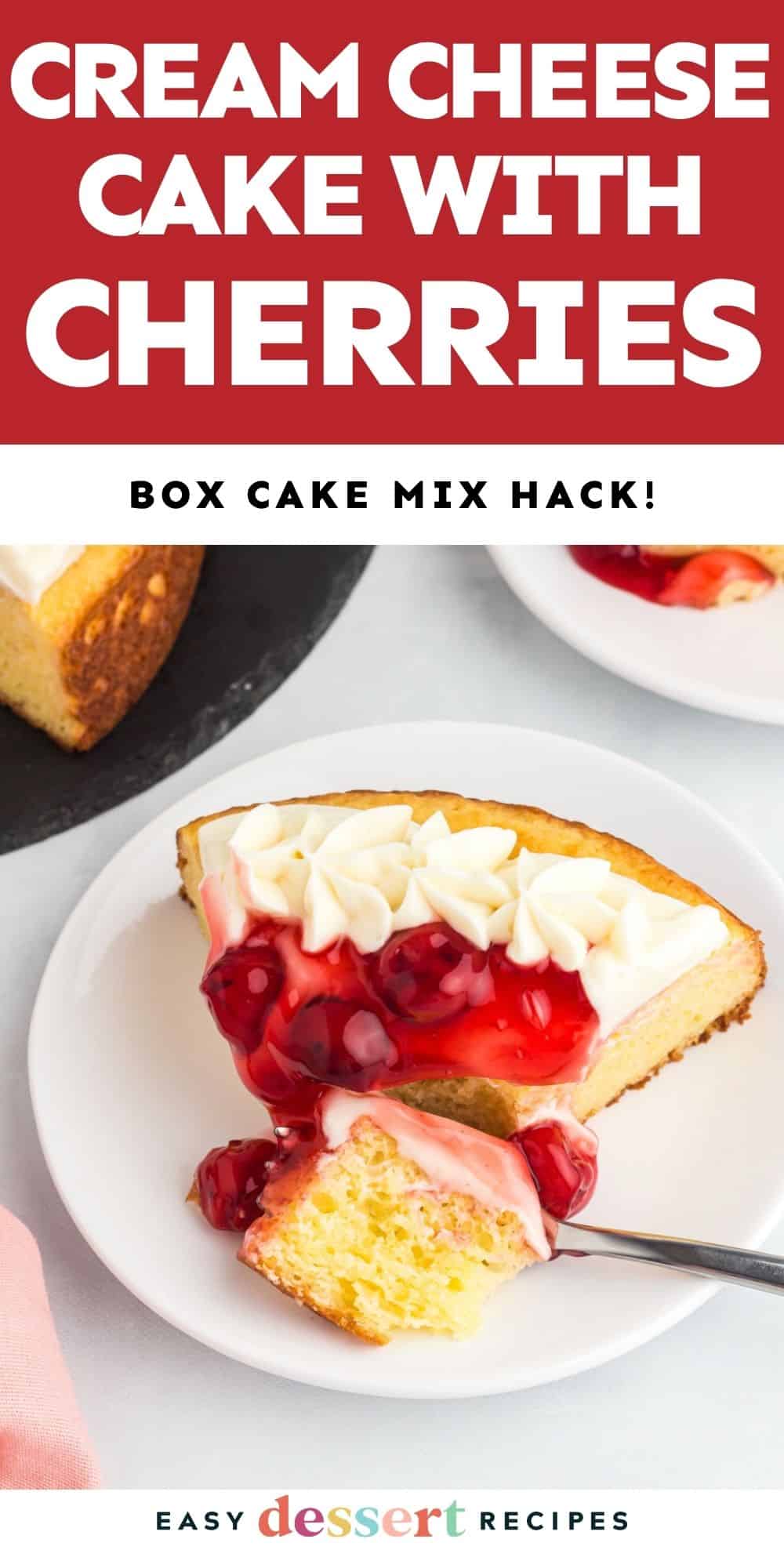Pinterest graphic. Cherry cheesecake cake with text overlay.