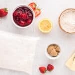 Ingredients for strawberry crumble bars include white cake mix, all-purpose flour, salted butter, strawberry pie filling, lemon juice, and light brown sugar.