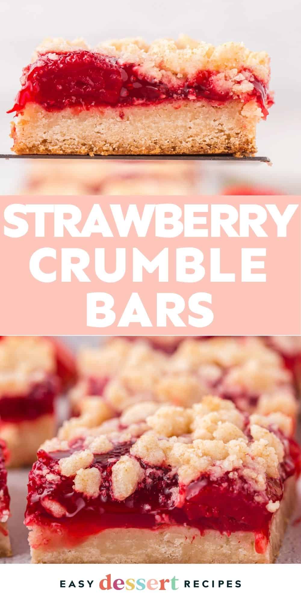 Pinterest graphic. Strawberry crumble bars with text overlay.