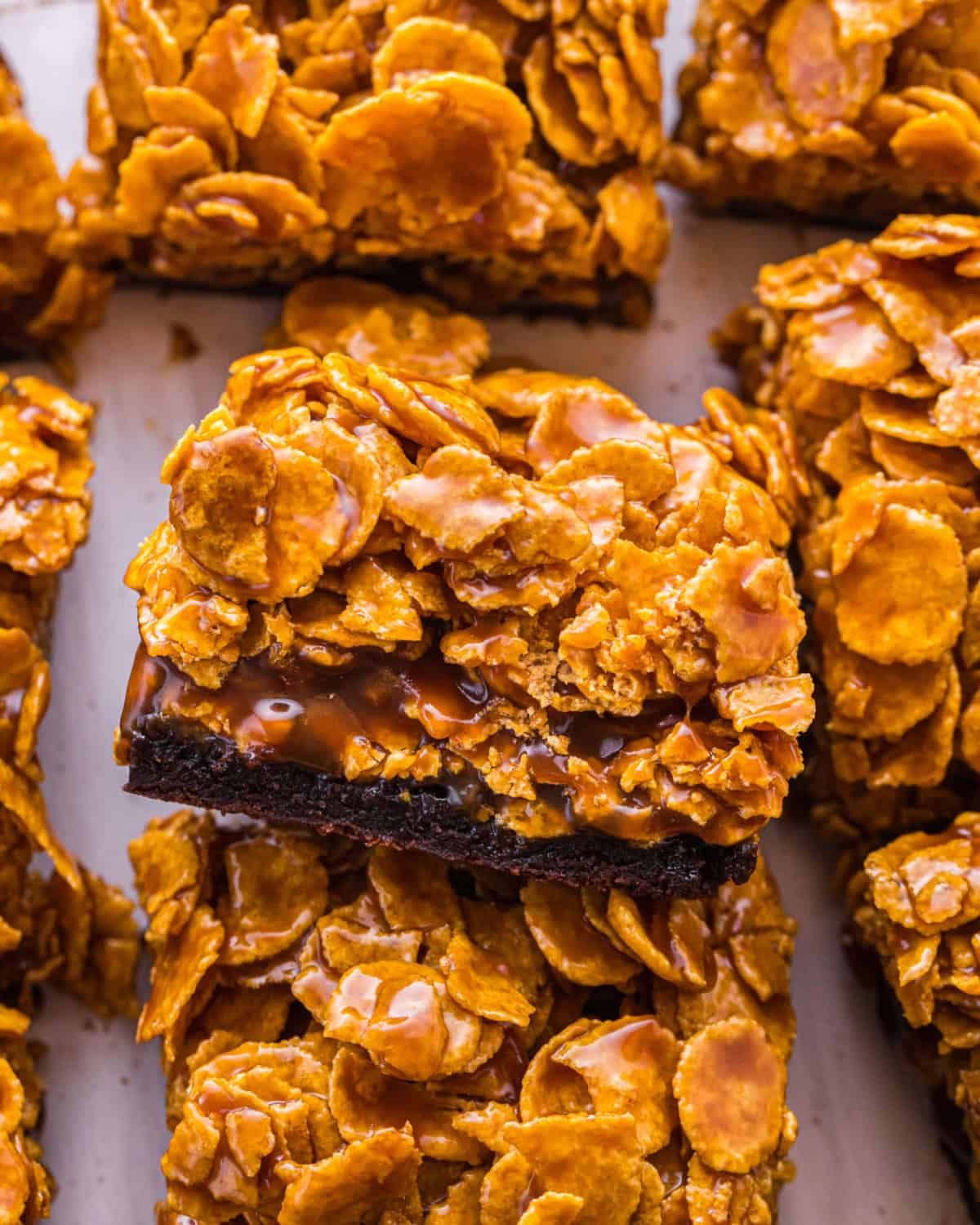 Caramel cornflake brownie layers.