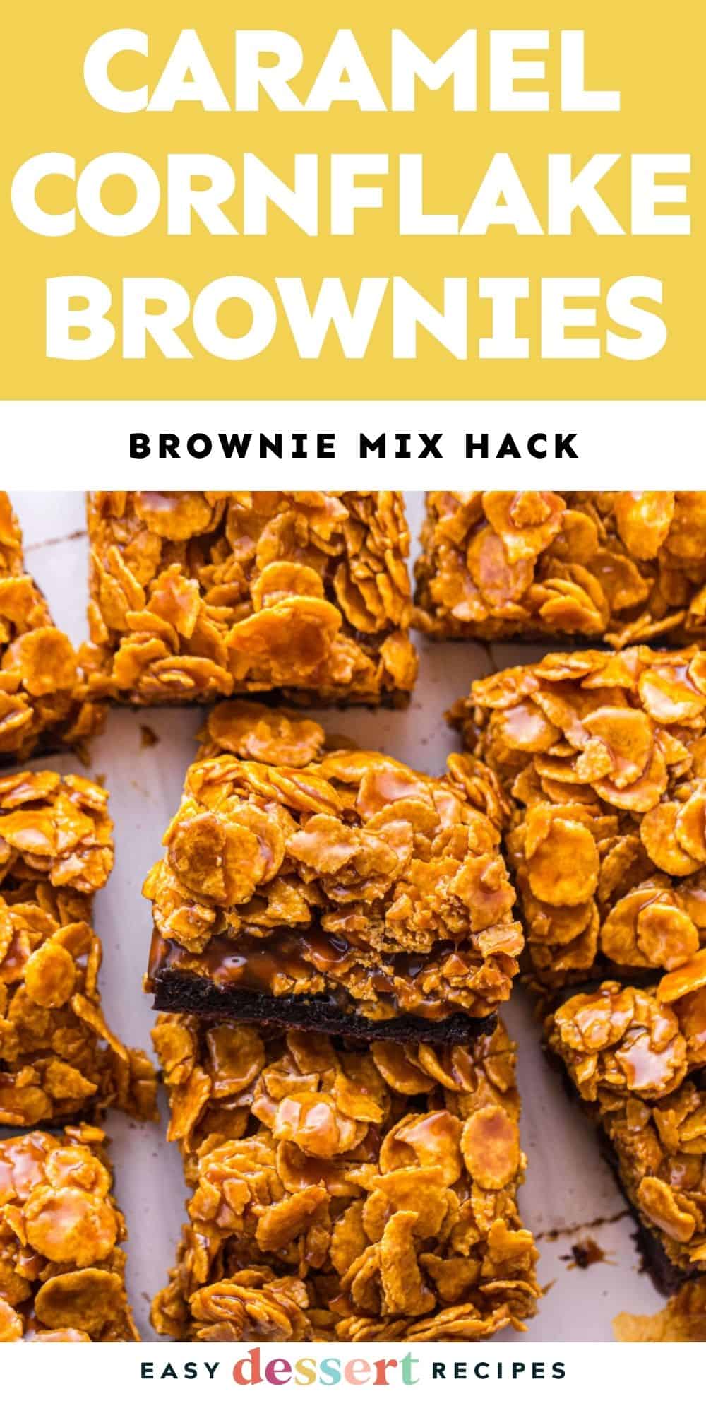Pinterest graphic. Caramel cornflake brownies with text overlay.