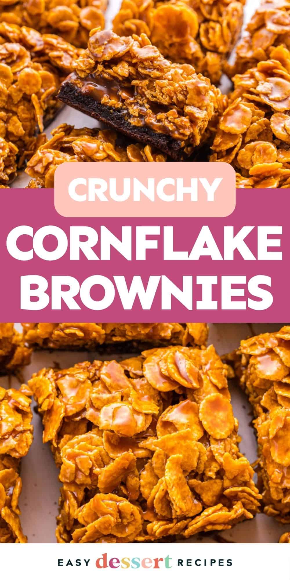 Pinterest graphic. Caramel cornflake brownies with text overlay.