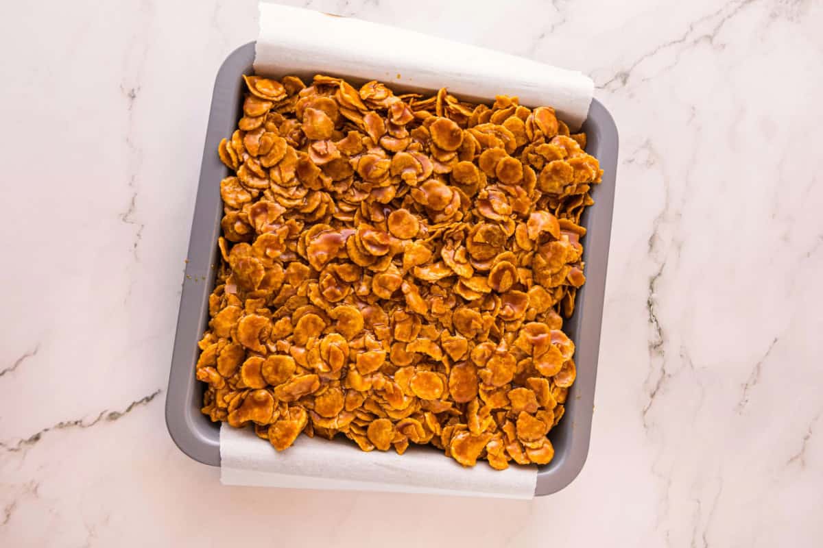 Caramel cornflake brownies in a baking dish.