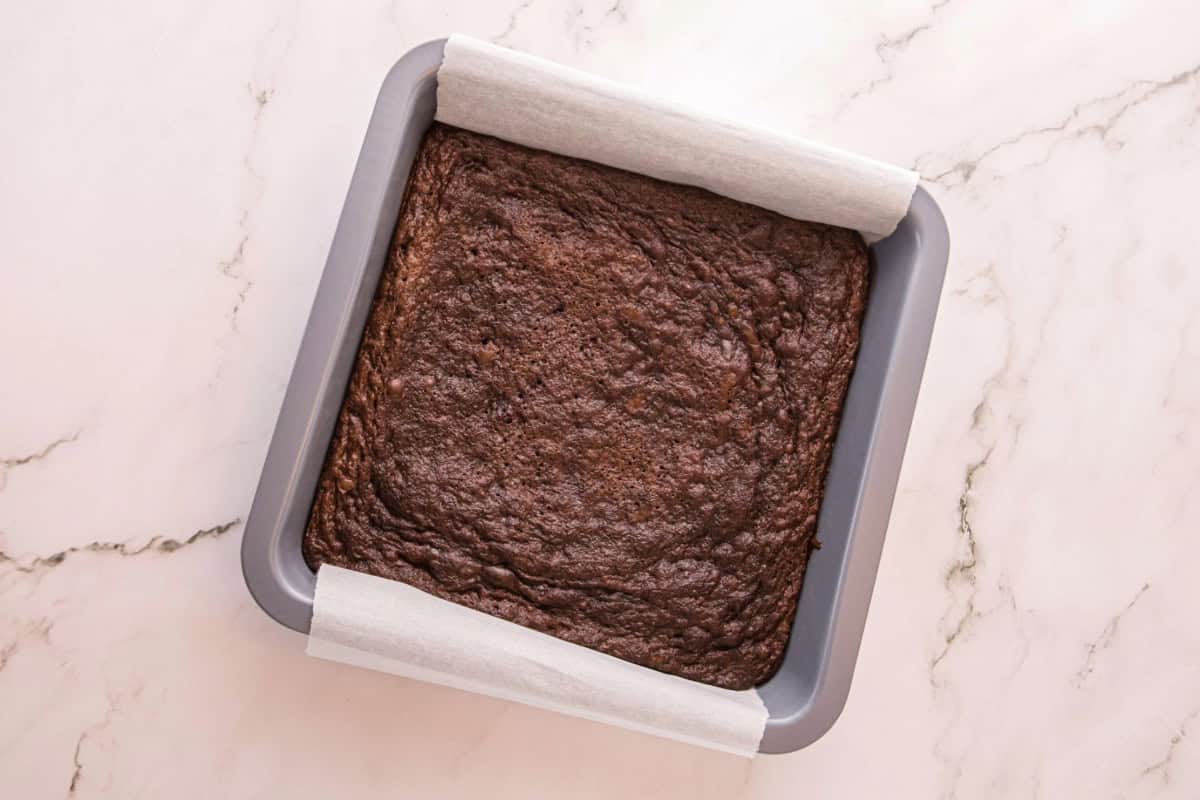 Brownies in a baking dish fresh out of the oven.