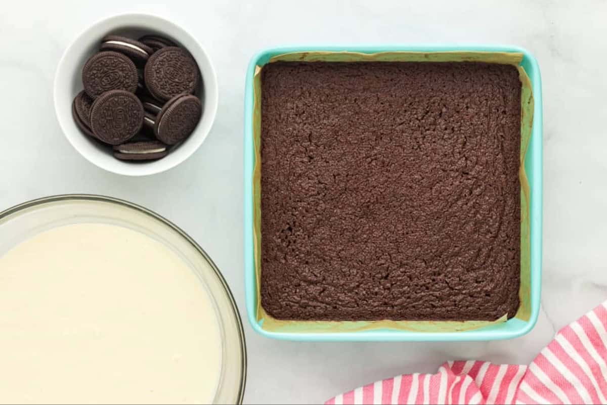 Baked chocolate crust in an 8x8 pan.