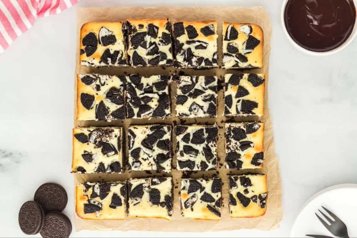 Baked Oreo cheesecake bars, cut into squares.