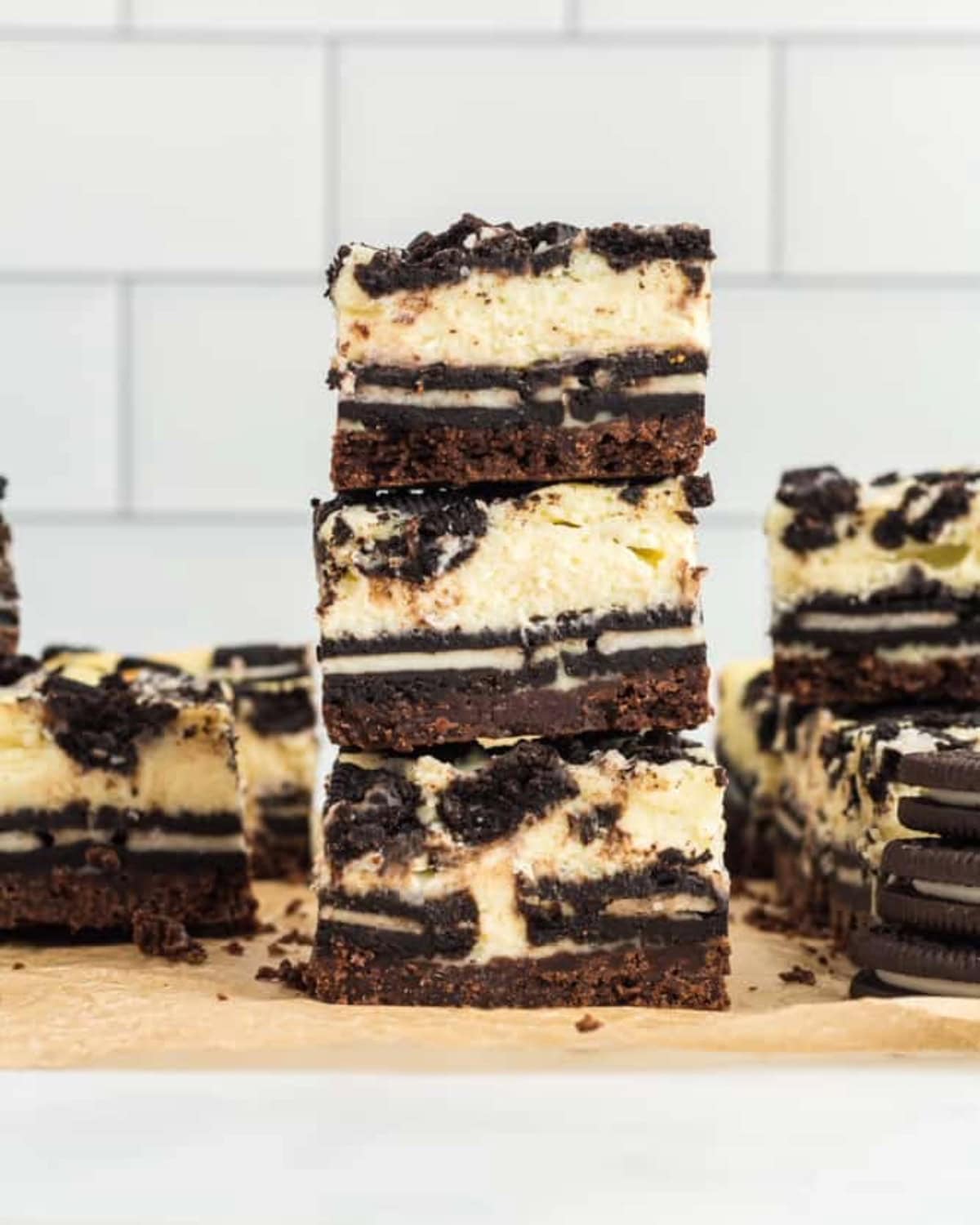 A stack of Oreo cheesecake squares.