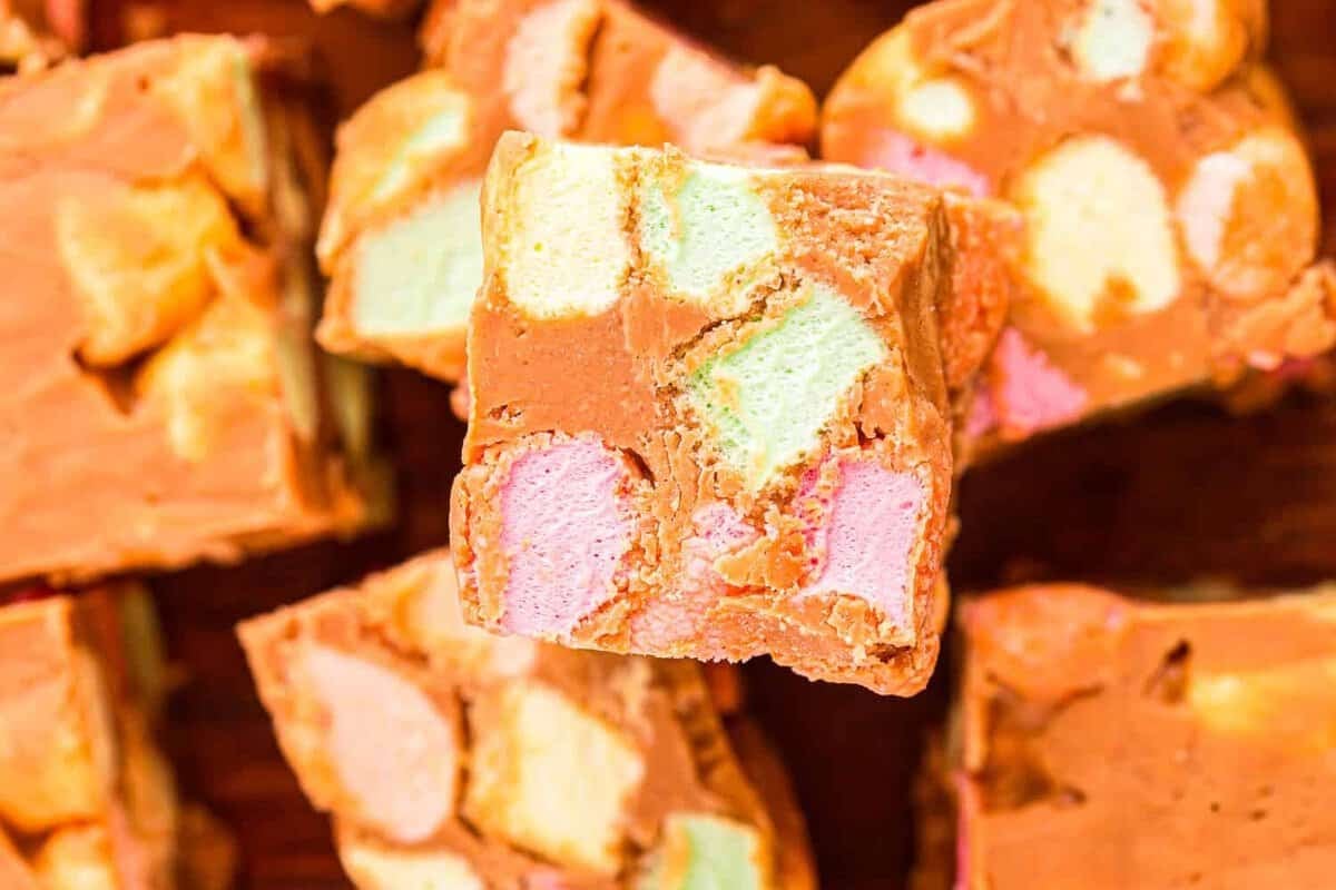 Peanut butter marshmallow squares stacked up
