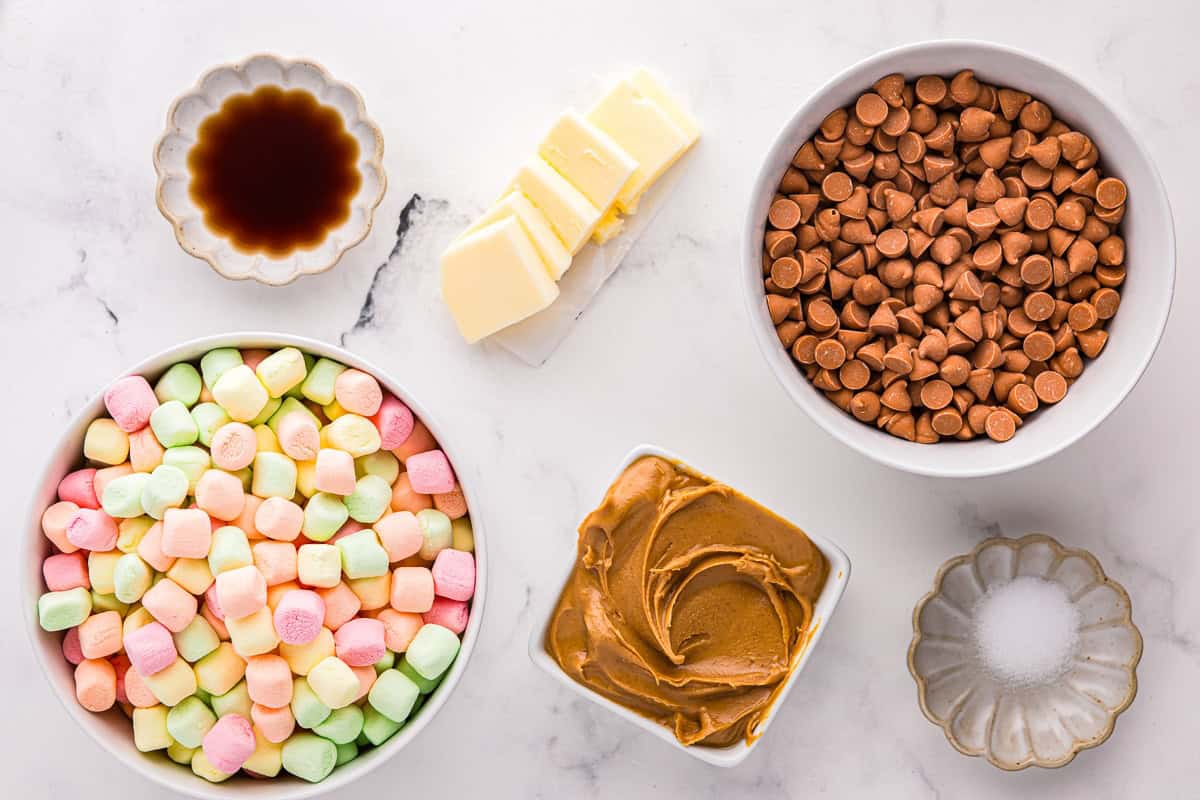 Ingredients for peanut butter marshmallow squares.
