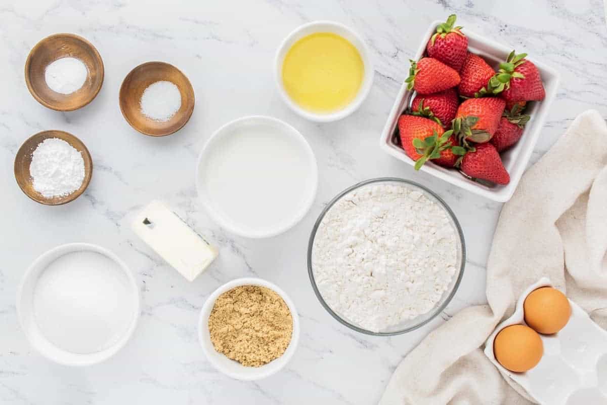 Ingredients for strawberry streusel muffins.