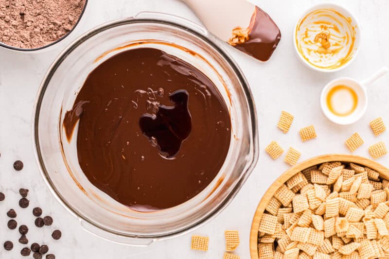 Melted chocolate mixture in a mixing bowl.