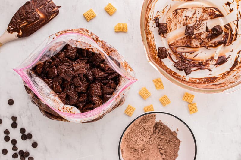 Chocolate-coated puppy chow in a resealable bag.