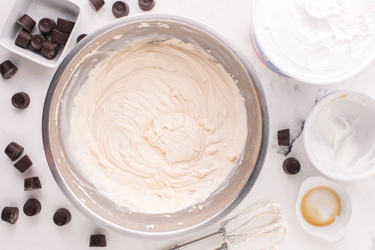 Cheesecake batter in a mixing bowl.