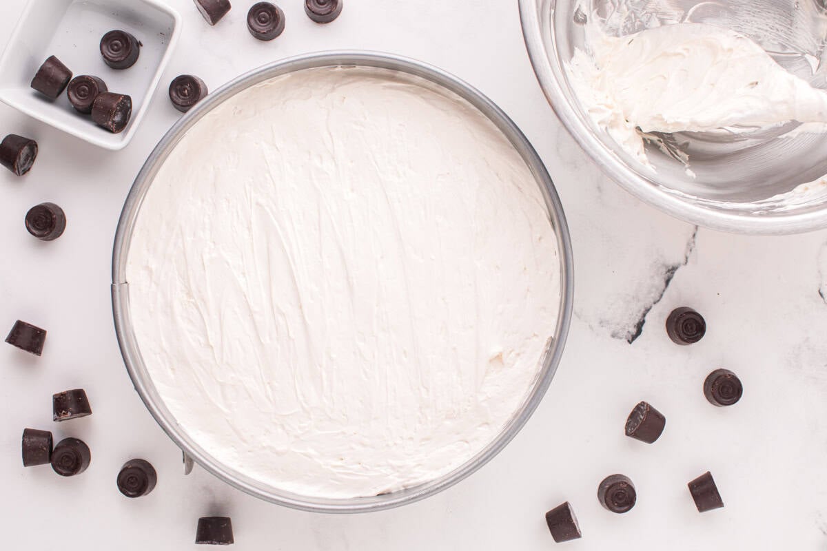 Cheesecake filling spread into a springform pan.