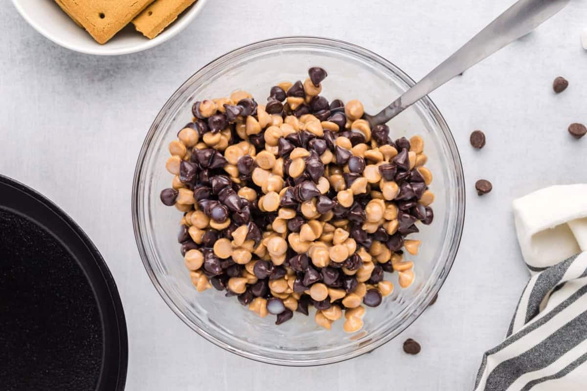 Chocolate chips and peanut butter chips combined in a small bowl.