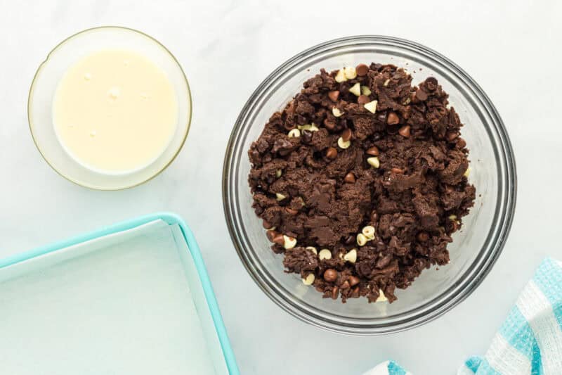 White, milk, and semi-sweet chocolate chips added to chocolate cake bar batter.