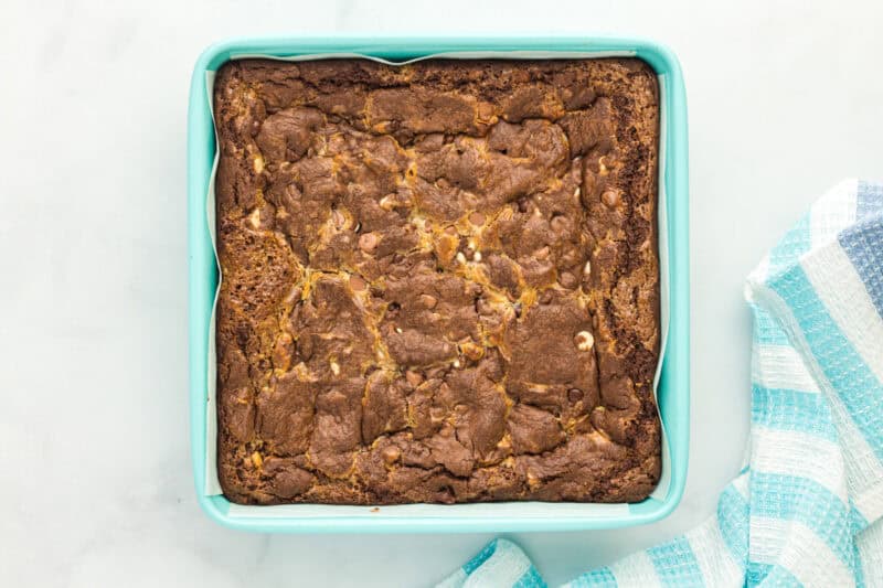 Baked chocolate cake mix brownies.