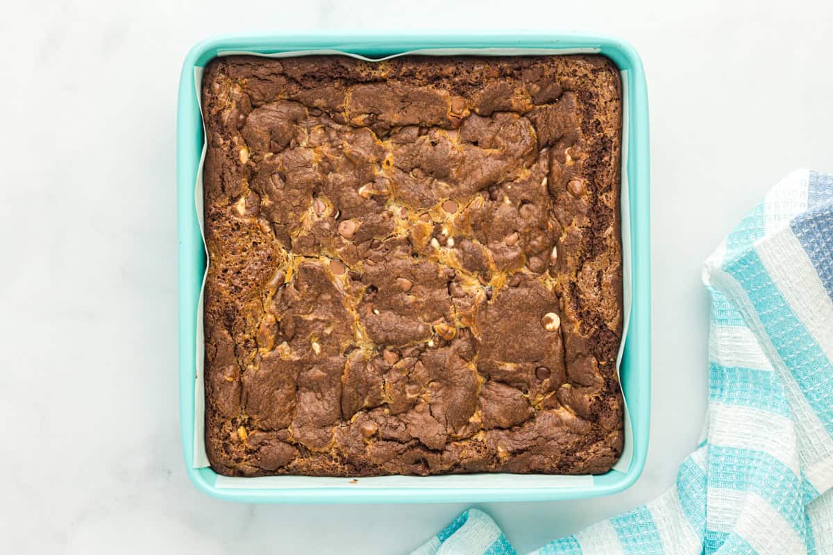 Baked chocolate cake mix brownies.