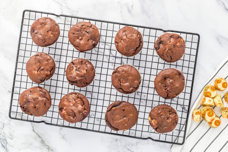 Baked Reese's chocolate cupcakes cooling on a wire rack.